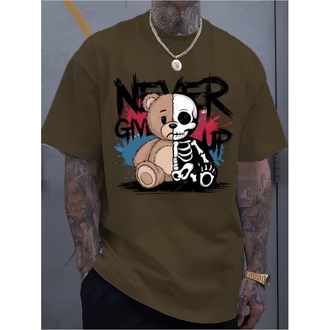 Camiseta Manga Curta Estampada Urso Esqueleto Divertida Moderna Estilosa Confortável Casual Moda Tendência Verão
