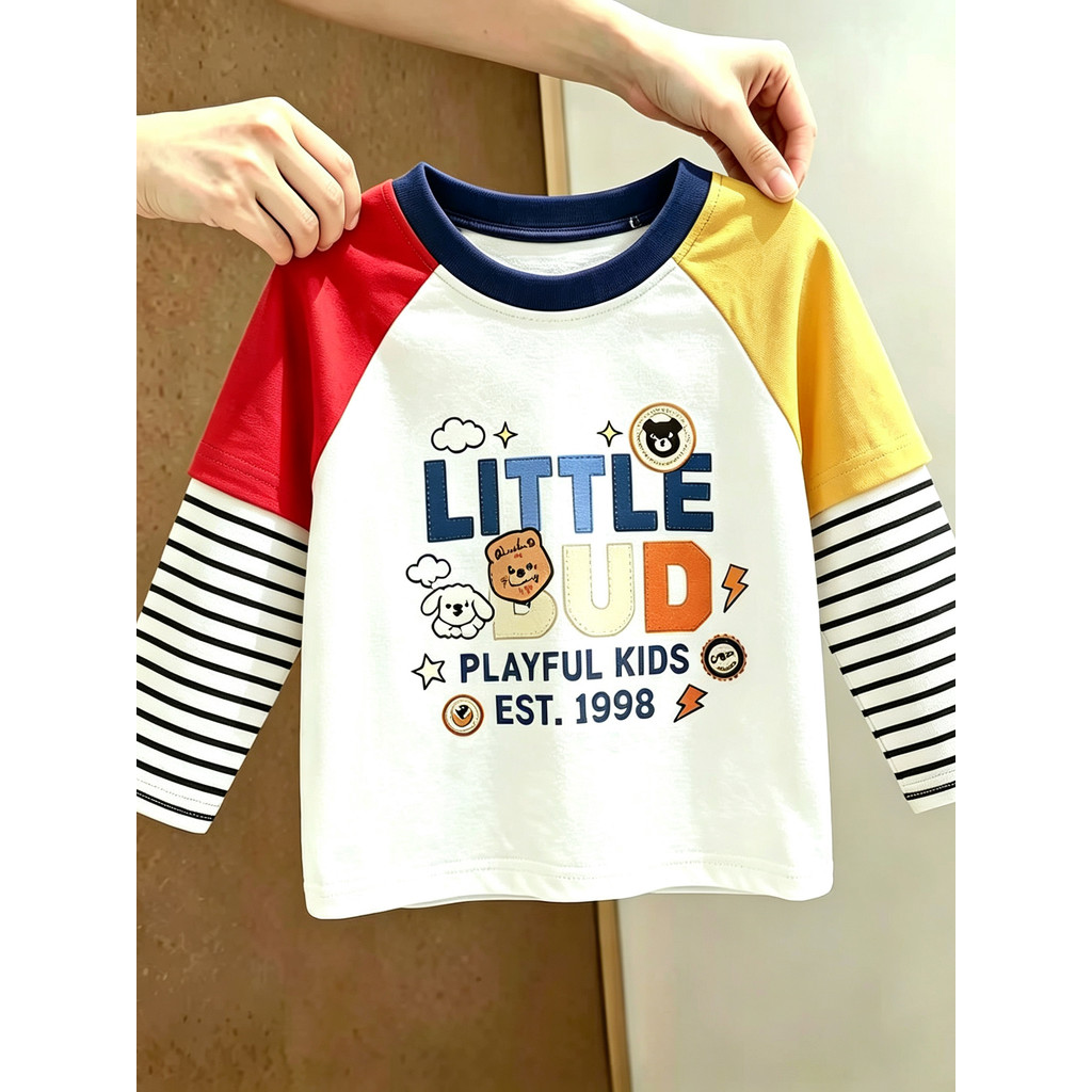 Crianças versão coreana Raglan listrado manga comprida camiseta novo estilo meninos meninas em torno do pescoço dos dese