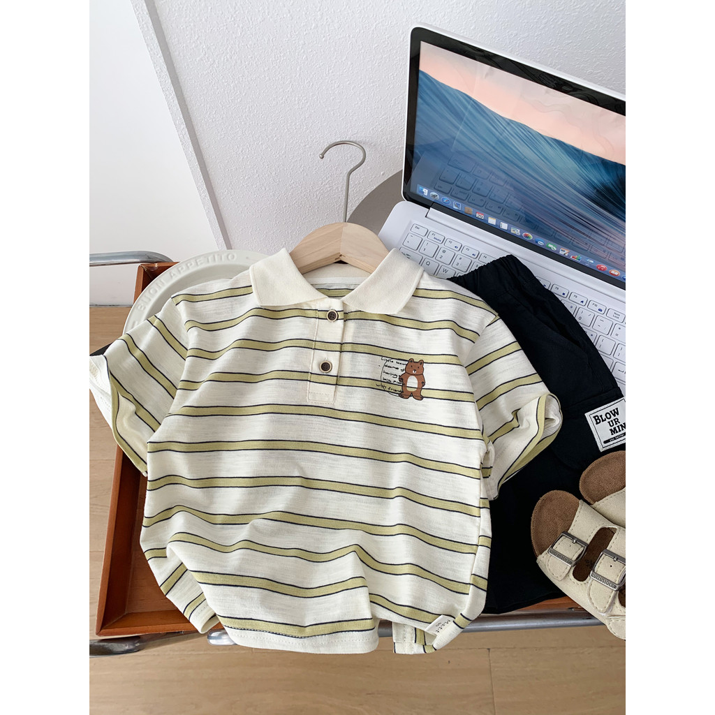 Crianças verão puro algodão polo camisa de manga curta meninos fino listrado lapela camiseta médio pequeno crianças moda