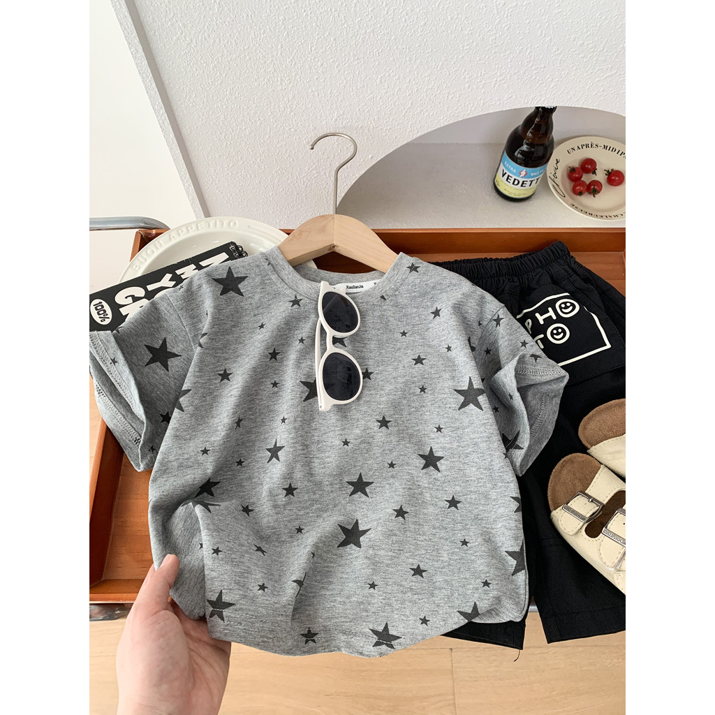 Meninos verão puro algodão de manga curta camiseta 2026 novo estilo crianças fino em torno do pescoço solto meia manga b