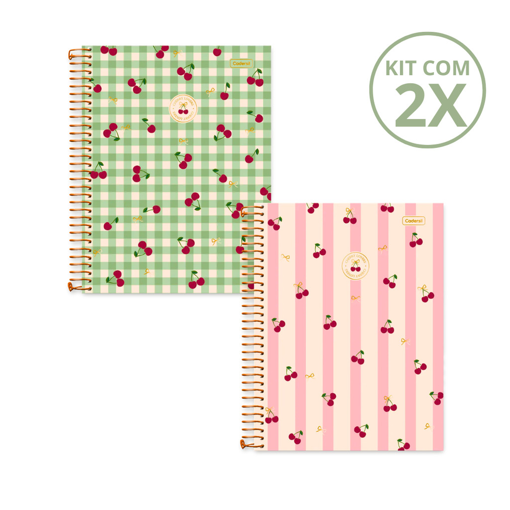Kit 2 Cadernos 15 Matérias Universitário Cherry Lovers 240 Folhas - CADERSIL