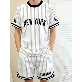 Camiseta masculina de verão, shorts de manga curta, conjunto do mesmo estilo, shorts listrados com cordão