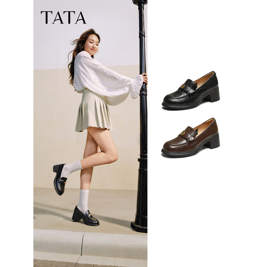 TATA ele ele ele ele salto grosso mocassins britânicos sapatos femininos boca rasa sapatos de salto alto novo estilo Com