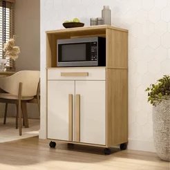 Armário Multiuso com 2 Portas 1 Gaveta e Nicho para Micro-Ondas com Rodízios Cinamomo/Off White Cinamomo/Off White
