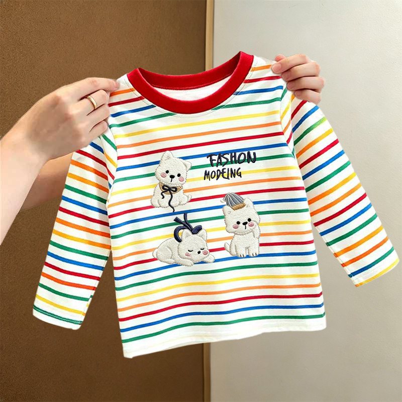 Primavera outono novo estilo meninas de manga comprida camiseta bebê estilo ocidental listrado em torno do pescoço topo 