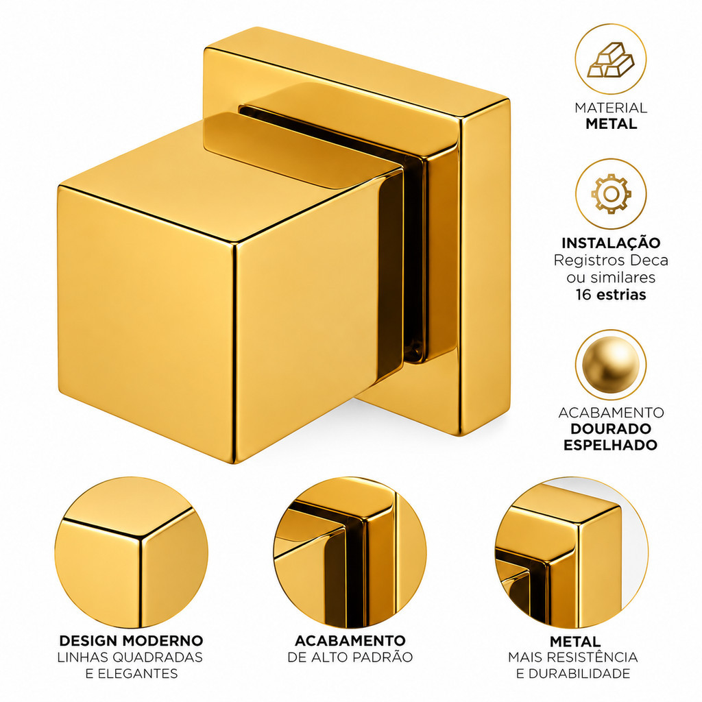 Kit 3 Acabamentos para Registro Quadrado 1/2 3/4 em Metal Dourado Resistente · foto 2