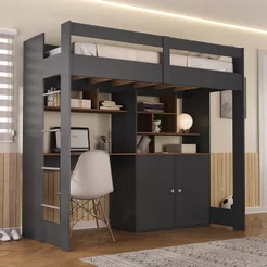 Cama de Solteiro Zwork 2 Portas com Escrivaninha Multifuncional Yescasa Cinza/Grafite/Nogal Grafite/Nogal