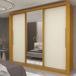 Guarda-Roupa Casal 3 Portas 1 Porta Espelhada Milão 100% MDF Yescasa Marrom/Marrome/Off White Naturale/Off White