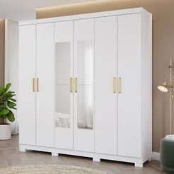 Guarda-Roupa Casal 6 Portas 3 Gavetas Kit 4 Espelhos e 8 Pés 199cm 100% MDF Clara Branco Branco