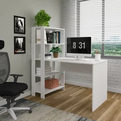 Escrivaninha Mesa Escritório com Estante Match 4 Prateleiras 120cm Branco Branco