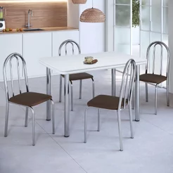 Conjunto Sala de Jantar Mesa com 4 Cadeiras Branco/Cromado/Marrom Cromado/Branco/Marrom