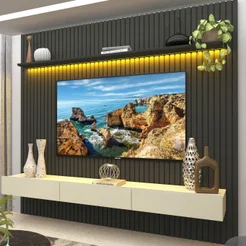 Rack com Painel para TV até 90 Polegadas 100% MDF Ripado com LED e 3 Gavetas 250CMX228,8cm Nobre Cinza Grafite/Off
