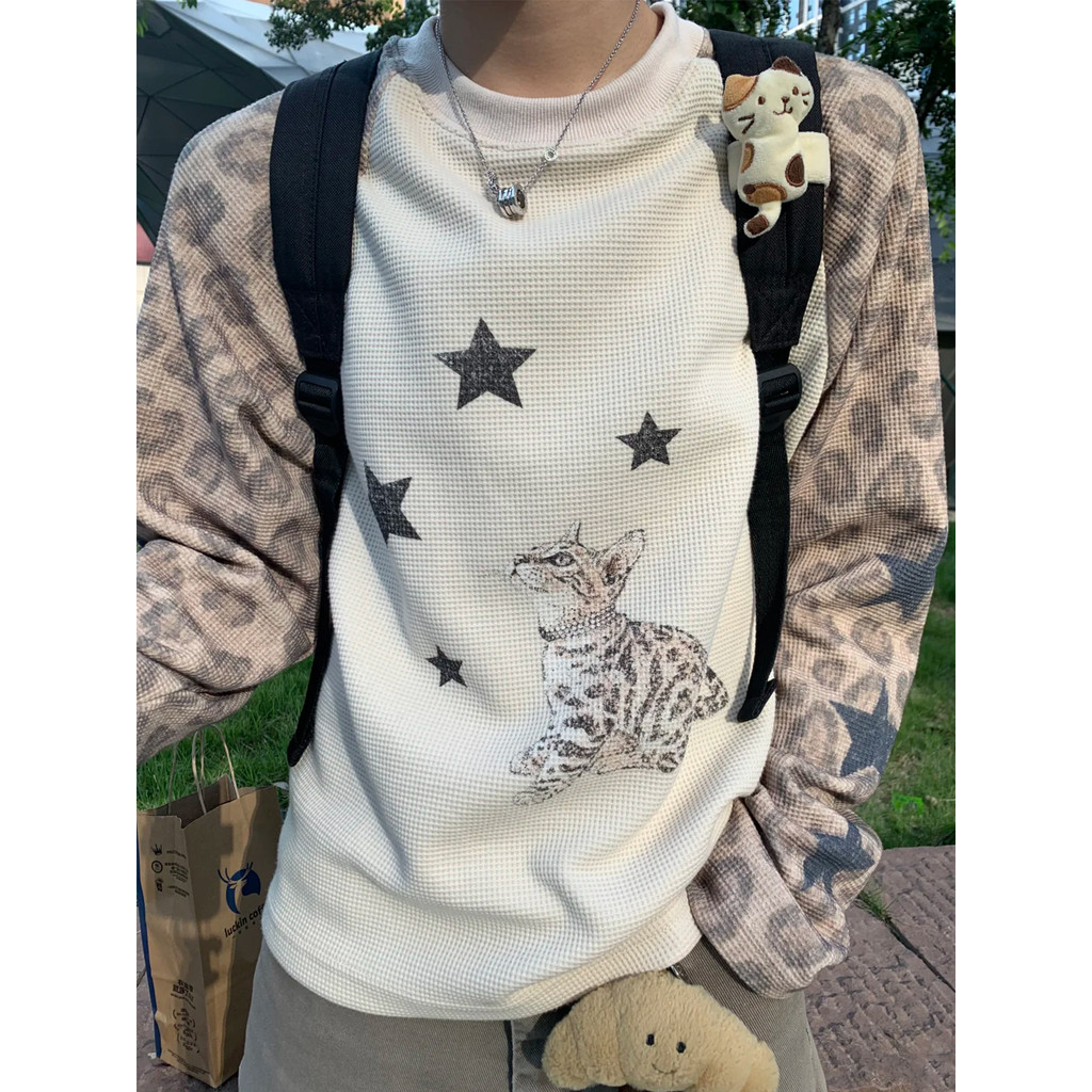 Estrela leopardo impressão Waffle manga comprida camiseta masculina primavera outono americano luz asiático rua solta Al