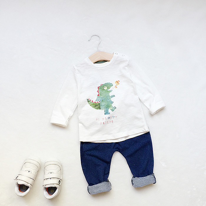Menino macio bebê criança bebê puro algodão manga comprida camiseta camisa de fundo dinossauro moletom primavera