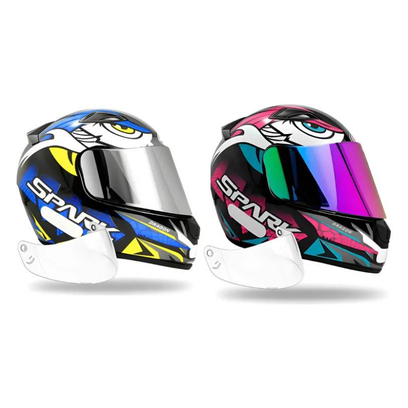 Kit Capacete Ebf Dragon Azul e Dragon Rosa Mais Viseira Camaleão e Cromada