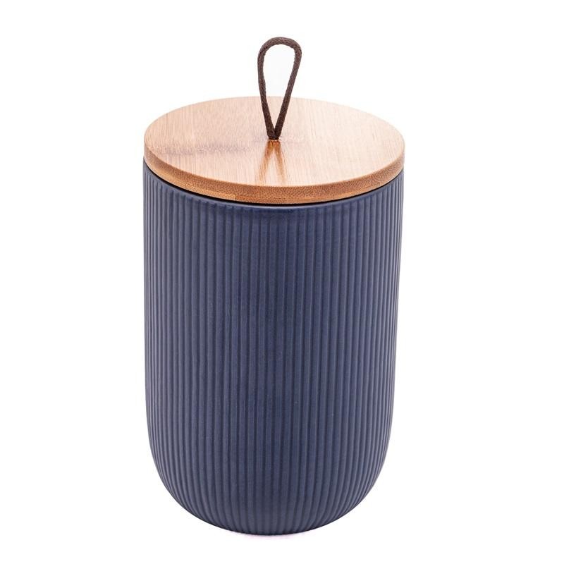 POTICHE LYOR DE CERAMICA DECORATIVO C/TAMPA EM BAMBU E PEGADOR DE CORDA LINES AZUL MARINHO 10x10x15