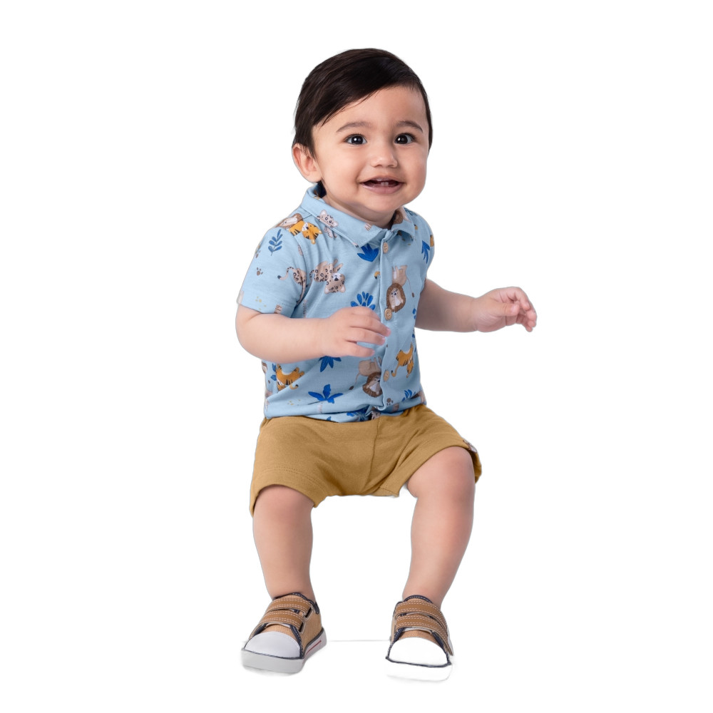 Conjunto bebê menino Camisa social em Meia Malha e Bermuda Moletinho Brandili estampa bichinhos ou fundo do mar
