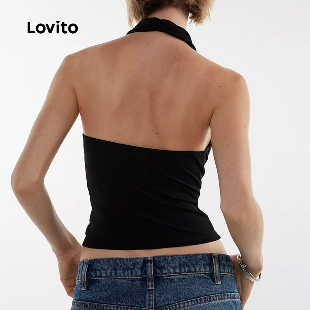 Detalhes do Lovito Camiseta Casual Sem Costas de Toque Macio para Primavera/verão Preta para mulheres LNL105458