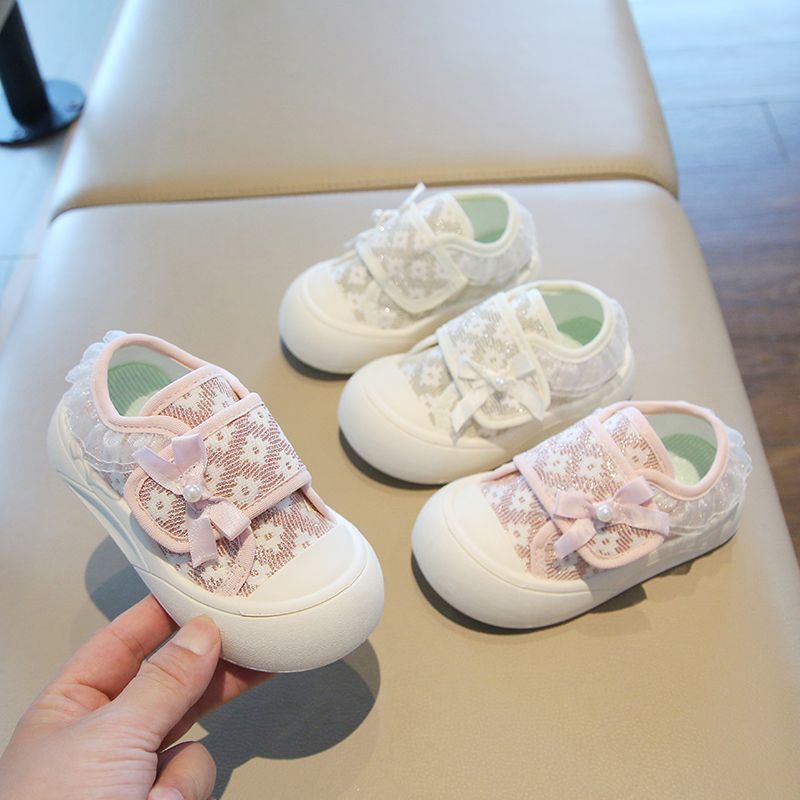 Primavera outono novo estilo meninas sapatos de lona, Design de arco, adequado para bebês, sapatos casuais de renda da m