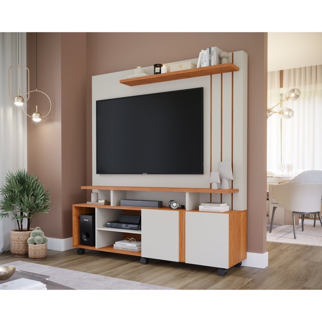 Estante Home para Tv até 55 Polegadas 2 Portas Valência 100% MDF Off White/Cinamomo em Oferta na Shopee