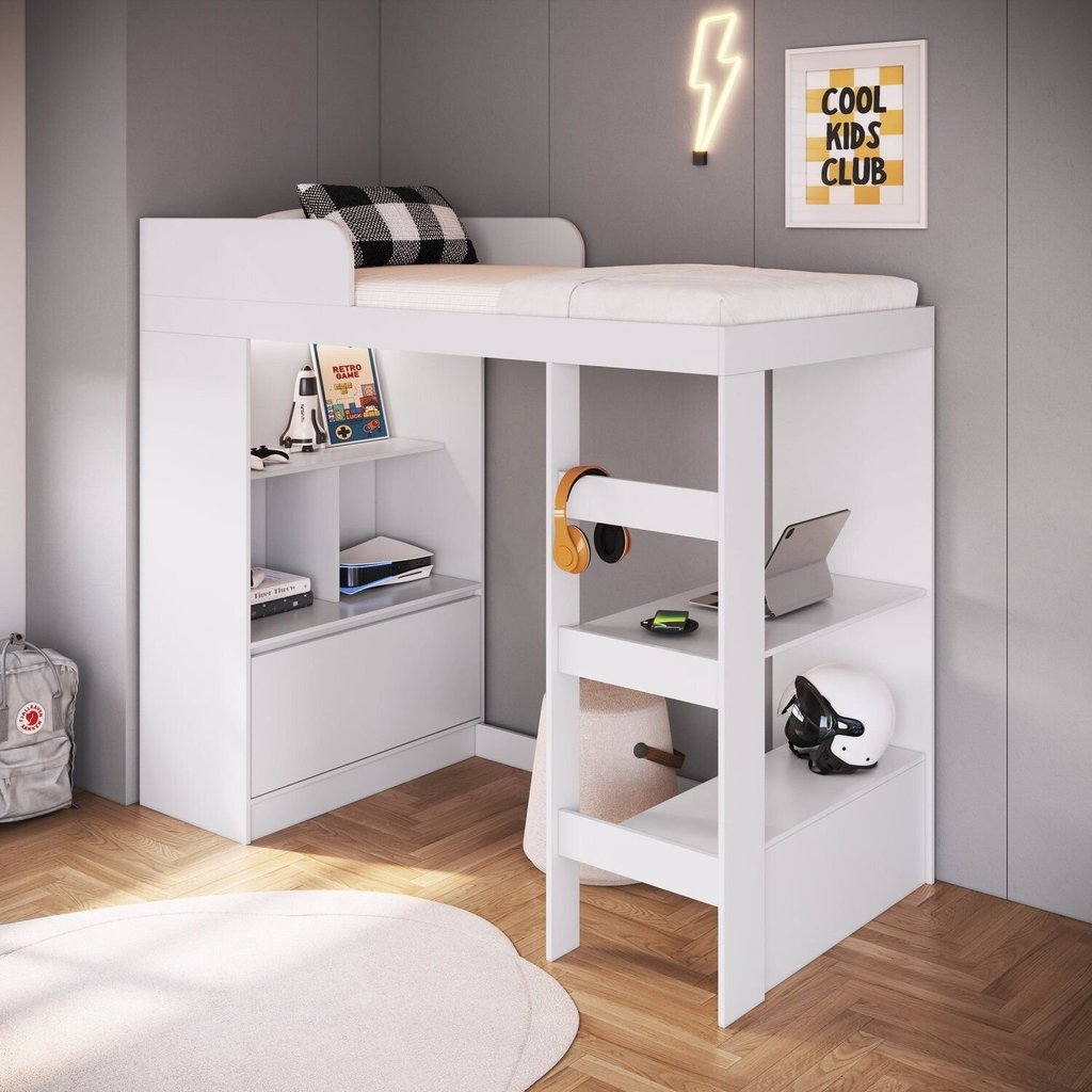 Cama Alta Multifuncional Solteiro Infantil/Juvenil com Estante E Escrivaninha 80 Amsterdam Branco em Oferta na Shopee