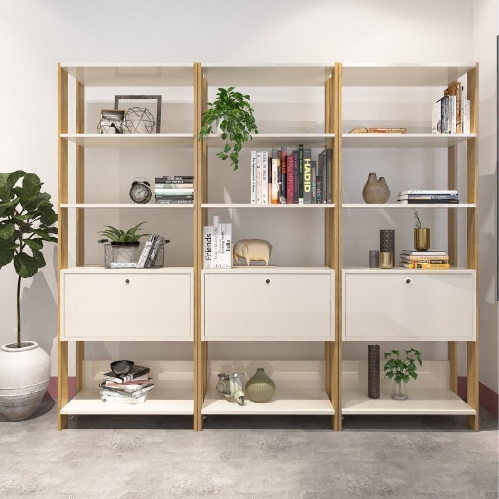 Kit 3 Estantes Multiuso Alta 4 Prateleiras 1 Porta 166cmx189cm Match Artely Off White/Carvalho em Oferta na Shopee