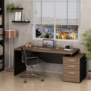 Mesa de Escritório Pedestal Retangular em MDP 3 Gavetas 190x70cm Nogal Office Nogal em Oferta na Shopee
