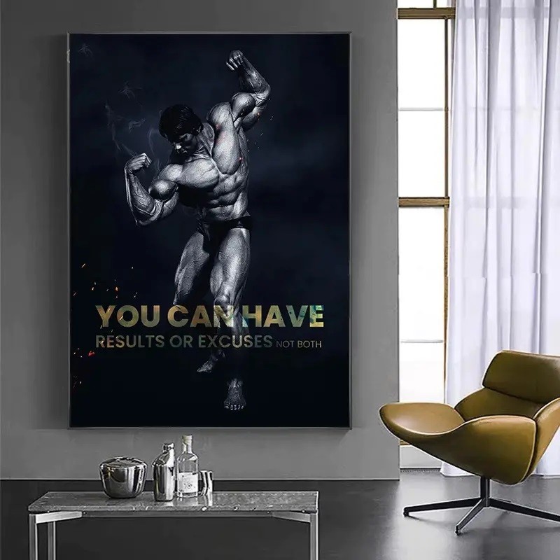 Quadro decorativo 1 peça 90x70 Arnold Músculo Bodybuilding Fisiculturismo Academia motivação No pain para quarto sala