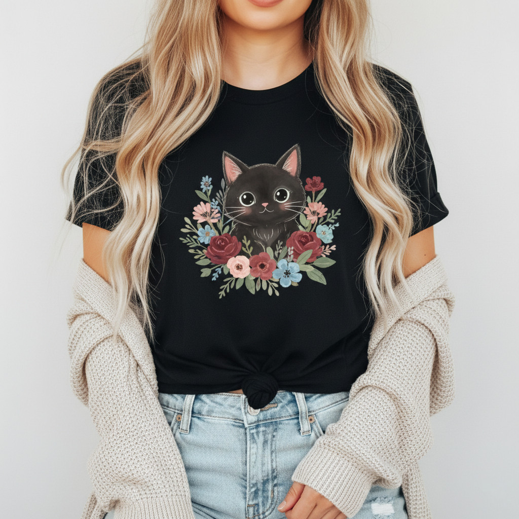 Camiseta Gato Fofo Flores Artistico Aquarela Colorido Estampada Confortável Linda Fofa Moda Primavera