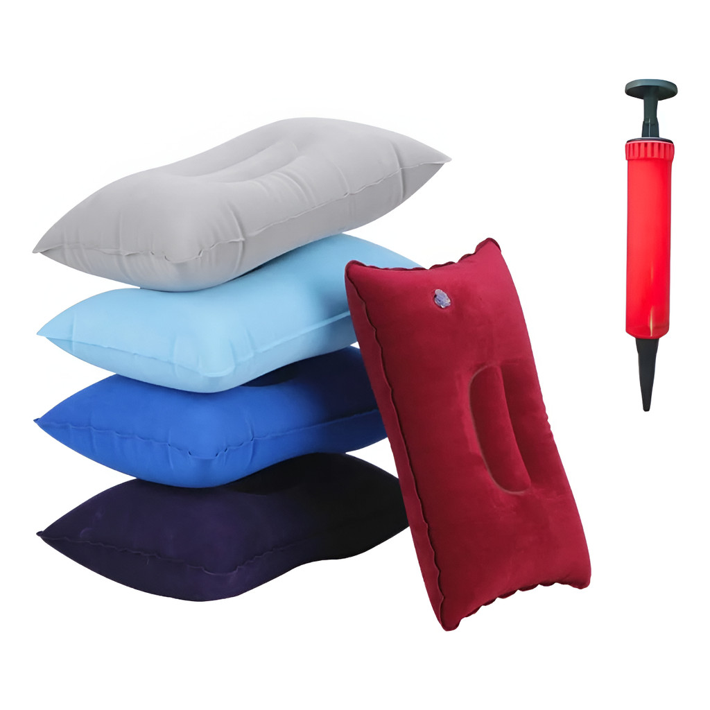 Travesseiro Inflável + Bomba Portátil Camping Viagem 50x35cm em Oferta na Shopee