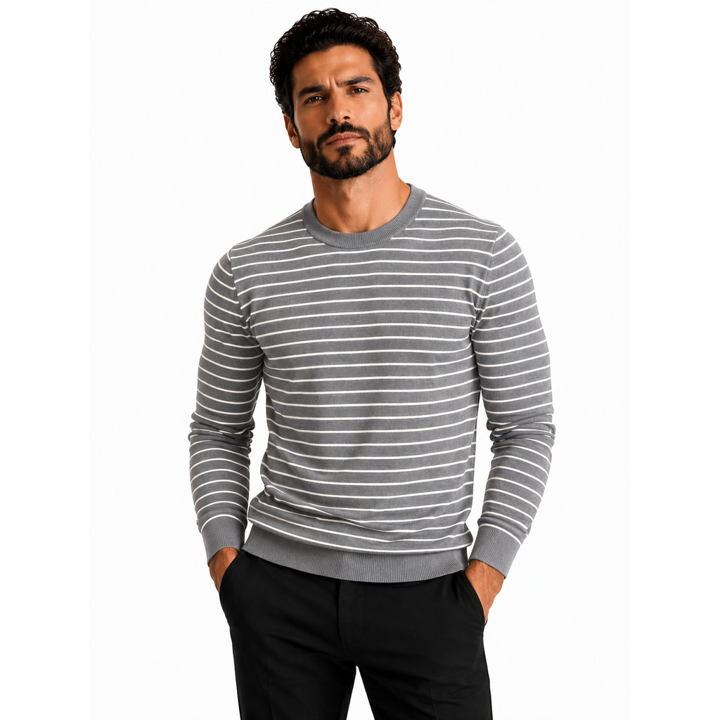 Suéter Masculino Listrado Tricô Gola Careca Inverno