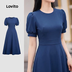 Lovito Vestido Azul-Marinho Feminino, Elegante, Básico, Primavera/Verão LK5ED1537