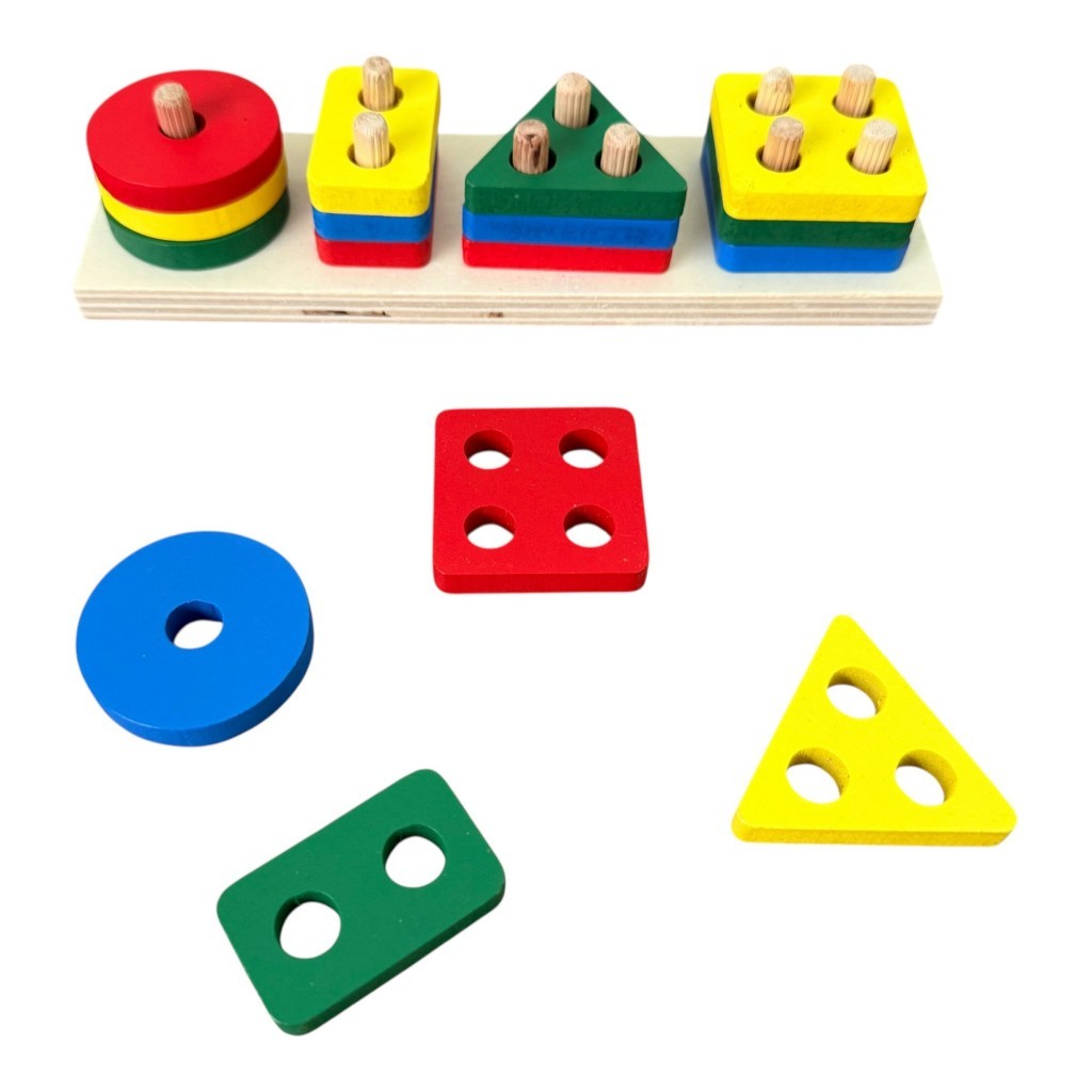 Brinquedo Educativo Madeira Encaixe Formas Geométricas 4 Colunas Pedagógico Montessori Inmetro Estimulador