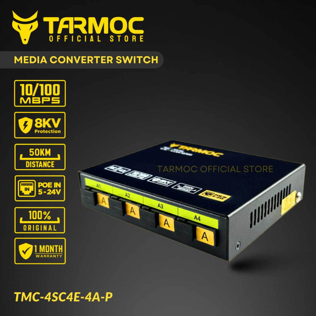 Tarmoc TMC-4SC4E-4A-P Conversor de Mídia Fibra Óptica Switch 4 SC 4 LAN / 4 FO 4 LAN 10/100 POE IN 5-24 Volts