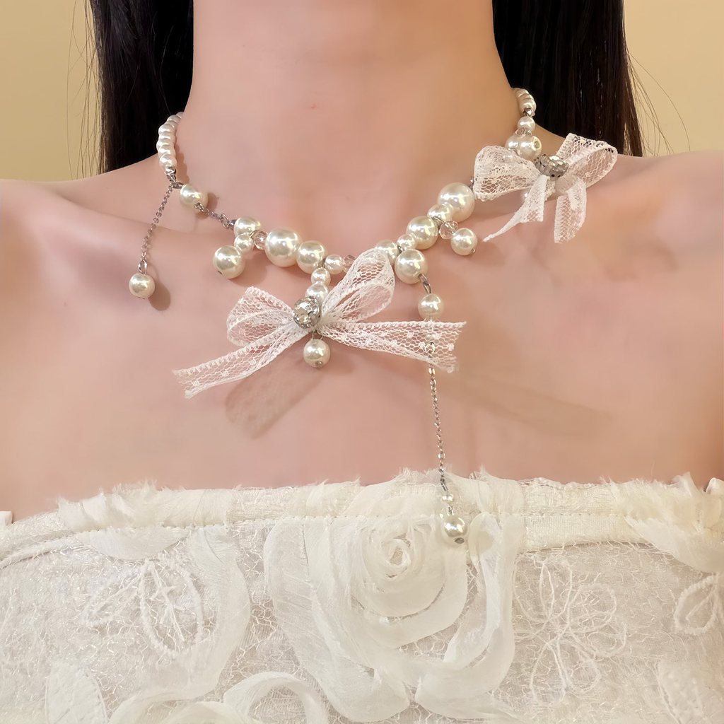 colar femenino colar HEY TAO Retro laço arco pérola colar 2026 novo estilo High-End colar acessórios clavícula corrente
