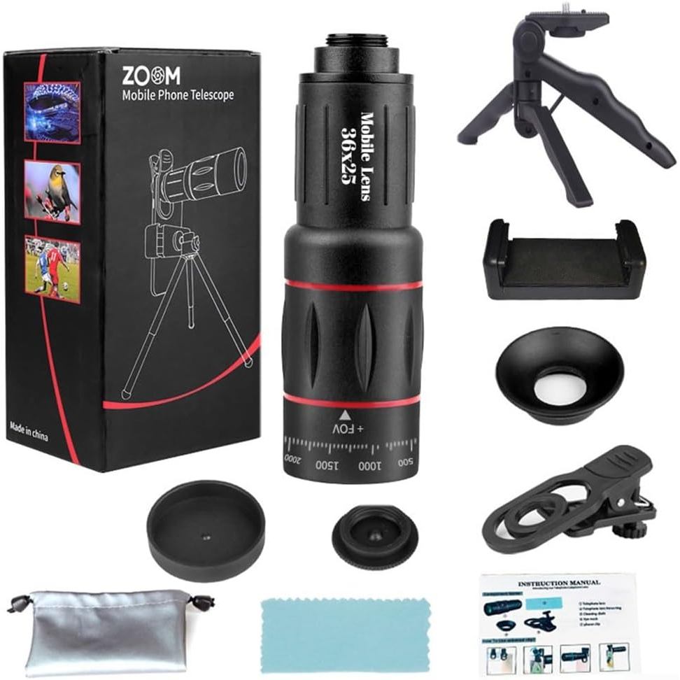 Telescópio monocular com zoom 18X28X36X64X para uso externo de longa distância, lente para câmera de celular, com suport