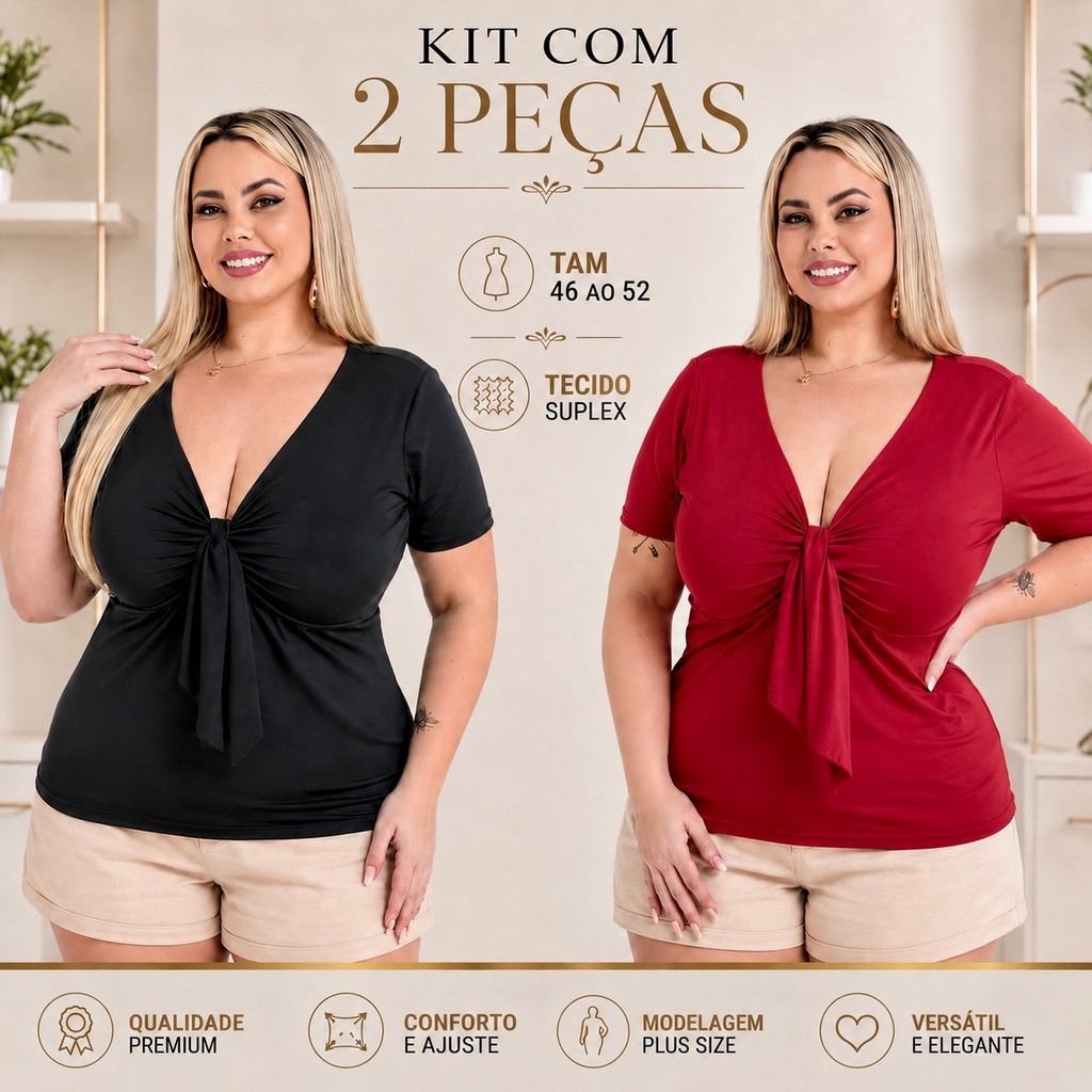 Kit 2 Blusa Plus Size Feminino de Manga Curta Suplex Decote V Básica 46 48 50 52