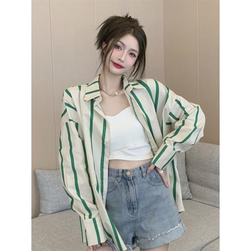 Versão coreana elegante camisa listrada topo verão feminino manga comprida protetor solar roupas soltas All-Match chique