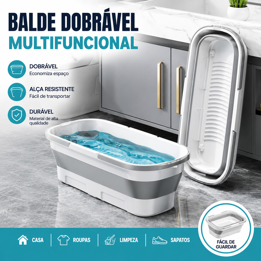 Balde Dobrável Retangular de Silicone com Alça Pratico Retrátil
