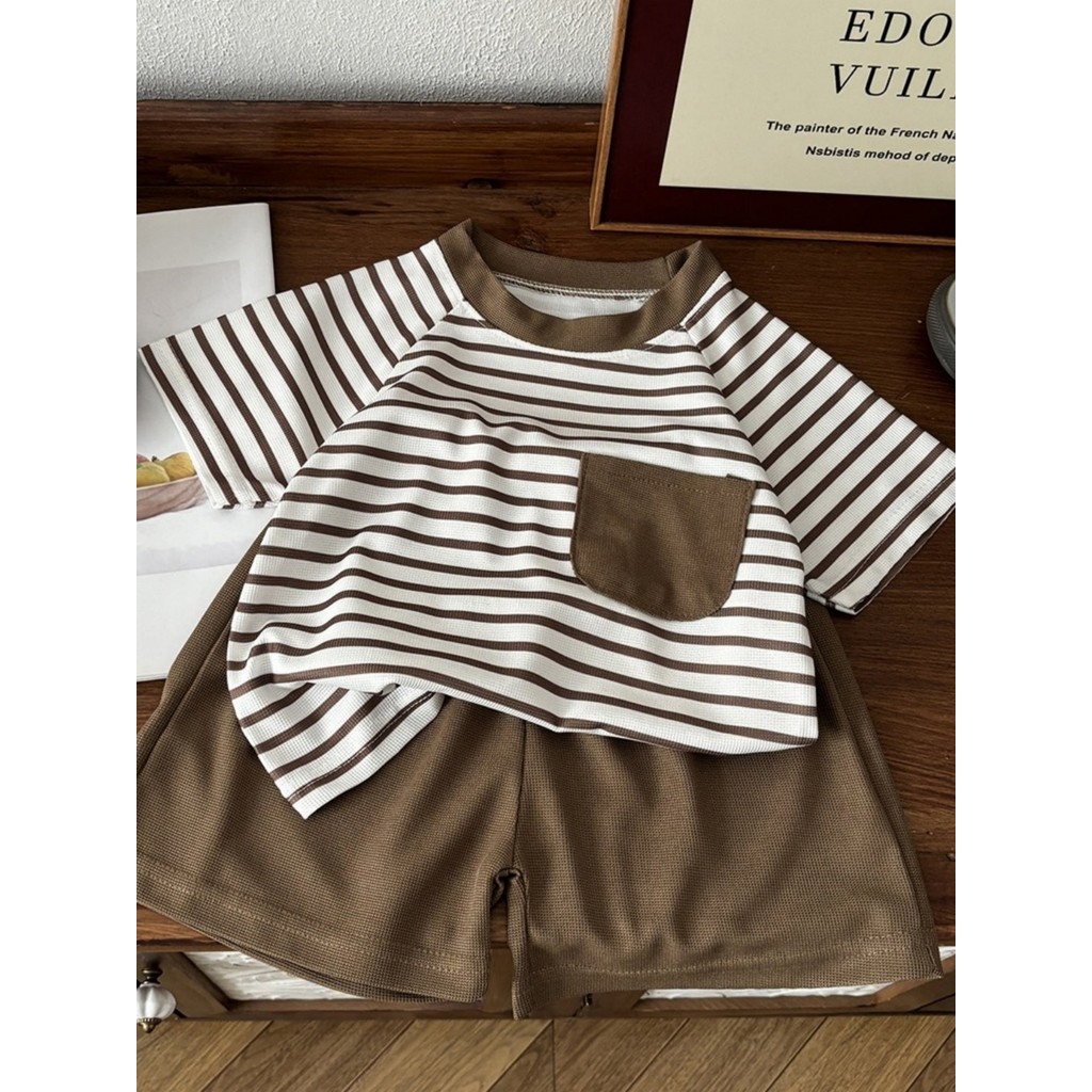 Meninos terno de manga curta verão moda listrado camiseta estilo ocidental crianças verão estilo fino bebê menina Shorts