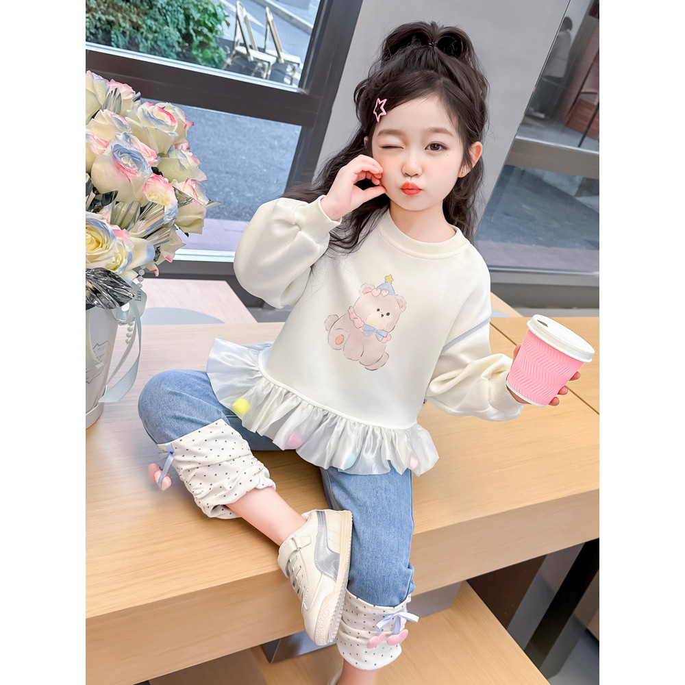 Feminino crianças moda urso renda moletom conjunto de duas peças 2025 primavera novo estilo bebê menina moda Jeans conju