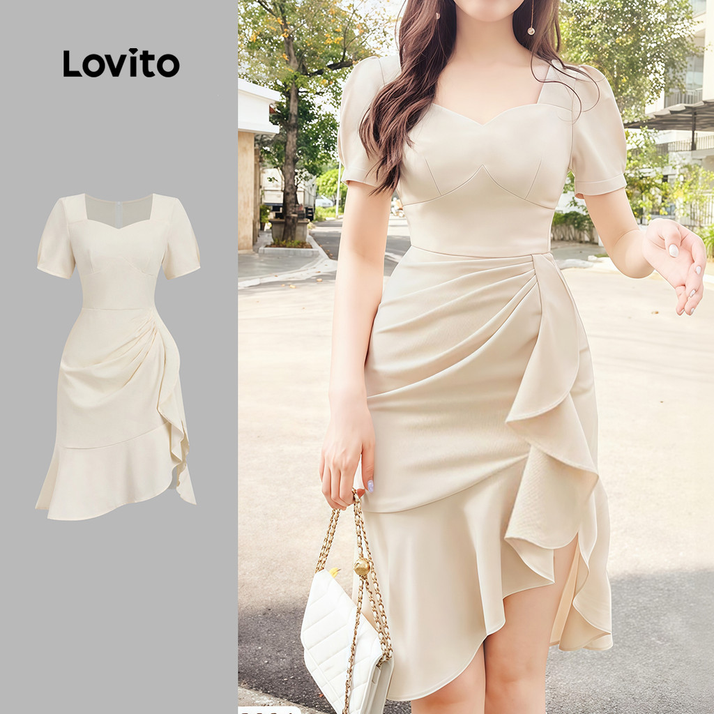 Lovito Vestido Elegante com Zíper e Babado Plissado para Mulheres L184LD1103