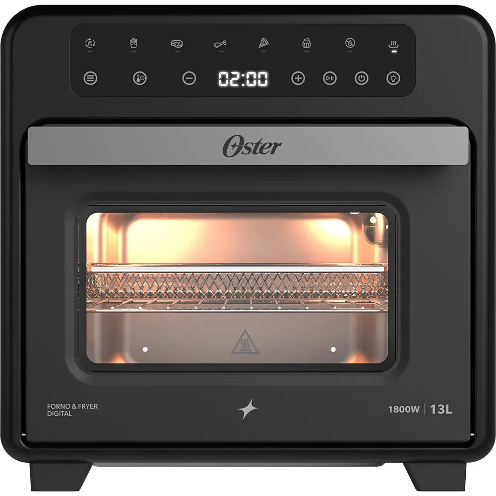 Forno e Air Fryer Oster Digital Pro de 13 litros na cor preta, com painel touch e interior iluminado