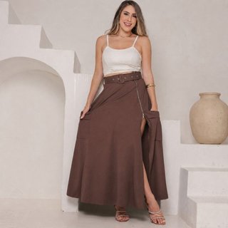 Saia Longa Cargo Marrom Feminina com Zíper e Cinto Cestare
