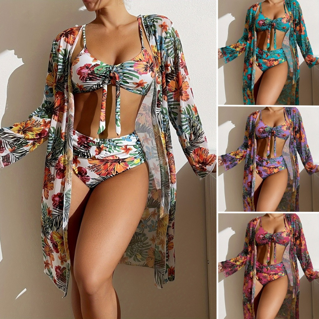 Elegante Conjunto de Biquíni Feminino de 3 Peças com Estampa Floral, Cardigã e Sutiã EBY9