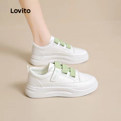 Lovito Tênis Casuais Para Uso Diário Ao Ar Livre Estilo Coreano Brancos Clássicos E Versáteis Com Blocos De Cores Verdes Para Mulheres LFA112067