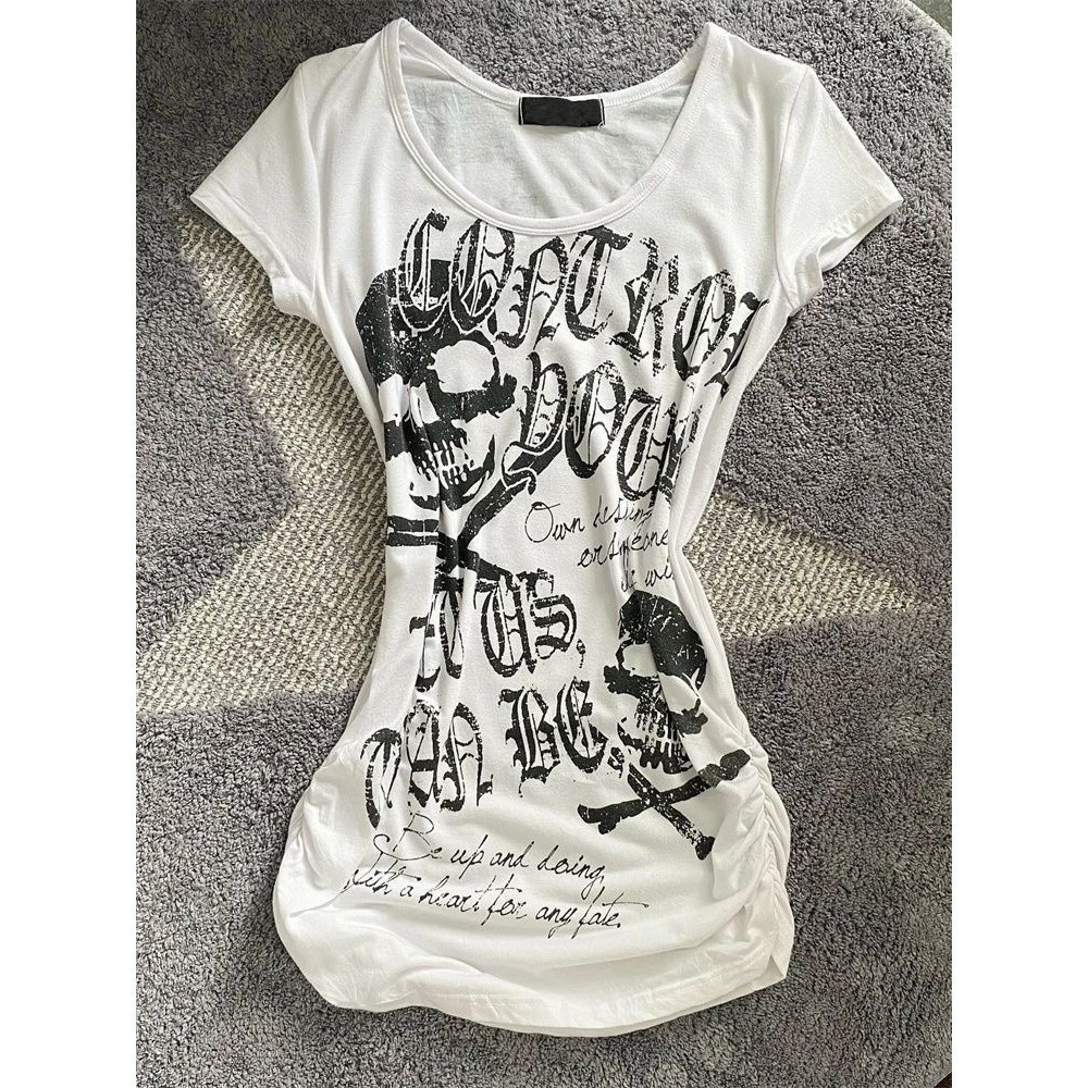 Camiseta Feminina Y2k de Verão Vintage Punk Rock com Estampa de Caveira Manga Curta [Fantasia de Halloween] 4814