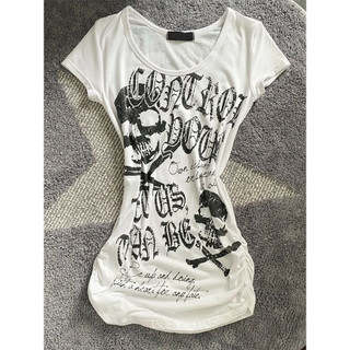 Camiseta Feminina Y2k de Verão Vintage Punk Rock com Estampa de Caveira Manga Curta [Fantasia de Halloween] 4814