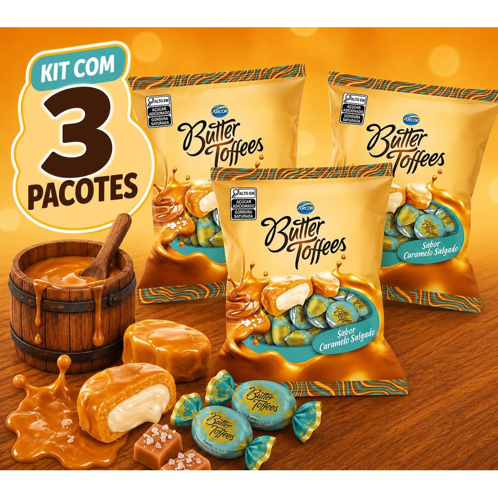 Kit Com 3 Balas Mastigável Butter Toffees Caramelo Salgado Arcor 90g — imagem 2 de 2