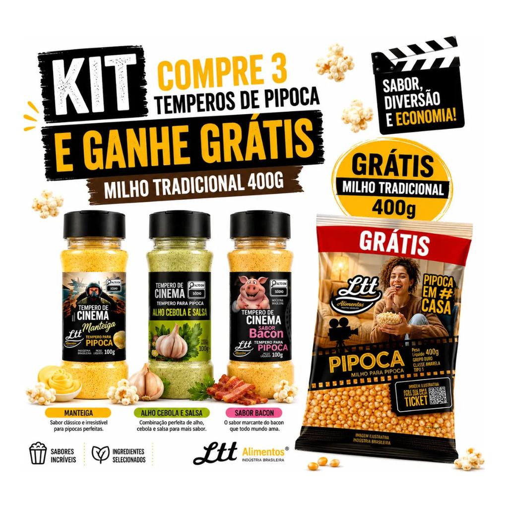 Ki Com 3 Temperos Para Pipoca 100g 1 Cada sabor + Milho Tradicional 400g